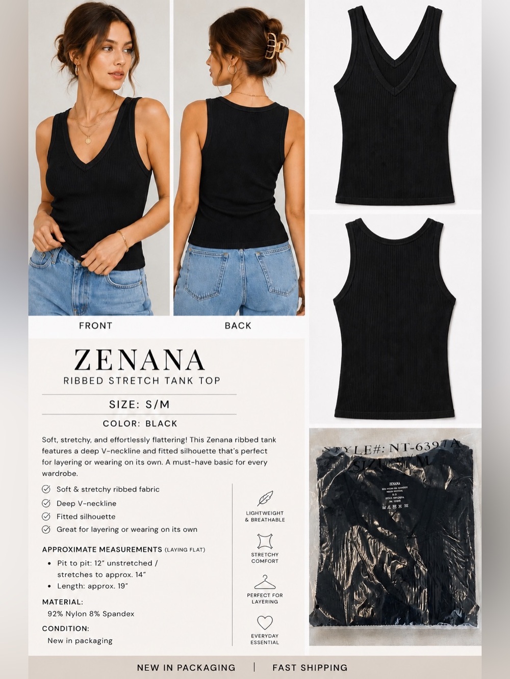 🖤 ZENANA Ribbed Stretch Tank Top | Black | S/M New in packaging ✨✨